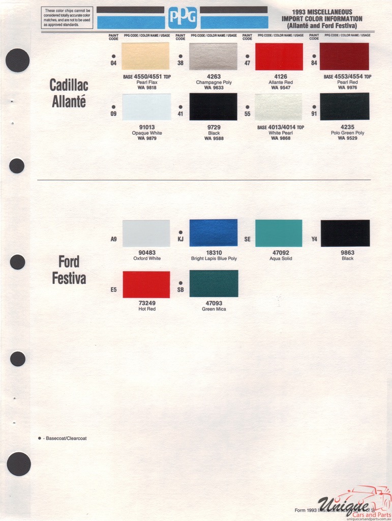 1993 GM Allante Paint Charts PPG 1